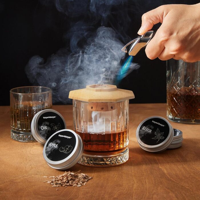 Набір для копчення віскі Toys4Boys Premium - з дерев'яною кришкою, 4 арома-стружками та запальничкою. Ідеальний подарунок для чоловіків.