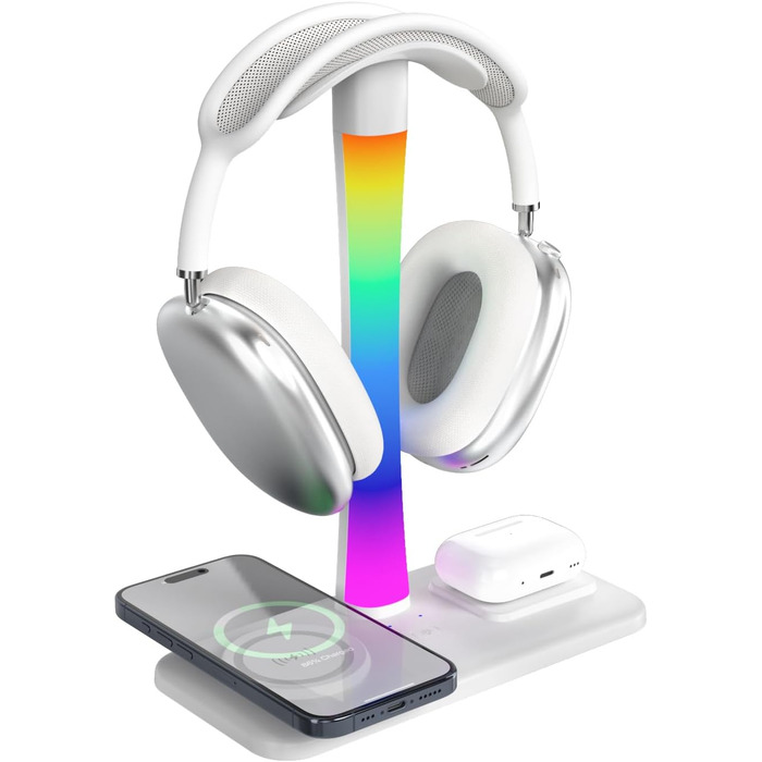 Підставка для навушників з бездротовим зарядним пристроєм, RGB-підсвічуванням, сумісна з AirPods Max, iPhone, Samsung. Подарунок для геймера