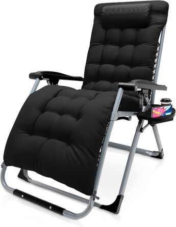 Розкладне шезлонґ для саду та басейну, широке крісло для відпочинку 72 см, з подушкою, чорний, витримує до 200 кг