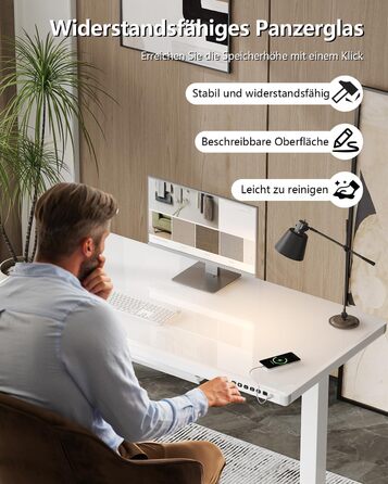 Електричний письмовий стіл Homall зі скляною стільницею, 140x70 см, з регулюванням висоти та шухлядою, білий, для дому та офісу
