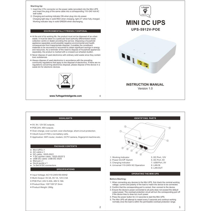 Mini UPS з внутрішньою батареєю високої ємності: 5V/9V/12V/PoE виходи для роутерів, камер, сигналізації