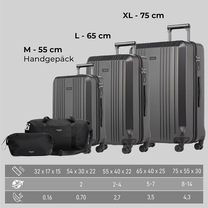Набір валіз FERGÉ 3 шт. з жорстким корпусом, TSA-замком, Канни. Валізи-ролери (Handgepäck, L, XL). Міцний полікарбонатний набір валіз (5 шт., сірий матовий).