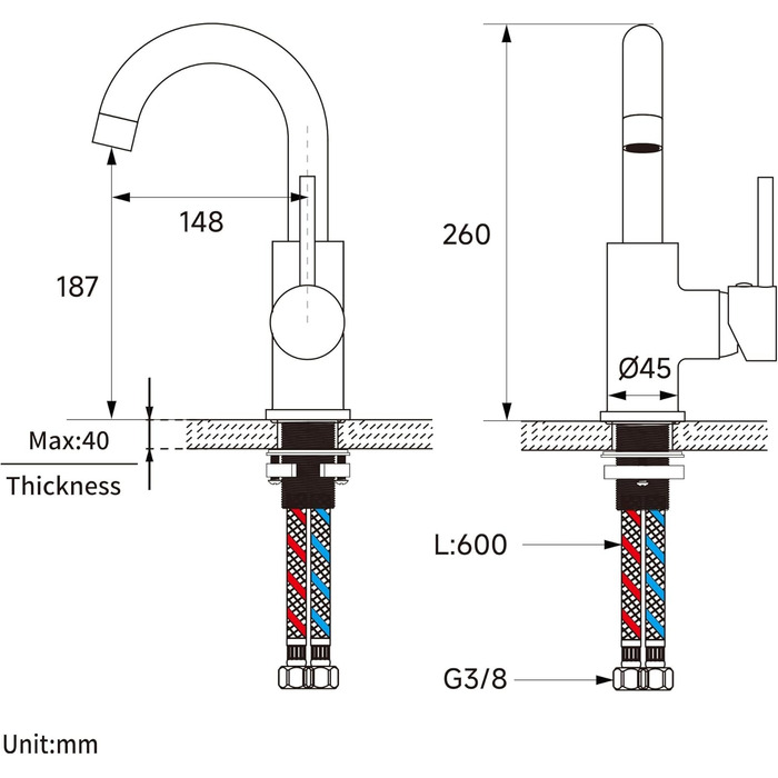 Змішувач для ванної кімнати/кухні Auralum з поворотним виливом 360°, з високоякісної латуні з хромовим покриттям, з підключенням 60 см, однорідний