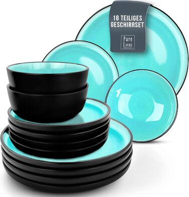 Набір посуду з керамограніту 6 персон Ibiza 18 шт. - Середземноморський набір посуду, посудомийна машина, мікрохвильова піч і захист від подряпин - Набір мисок і тарілок - Посуд Pure Living Black and Aquamarine Turquoise Набір з 18 предметів