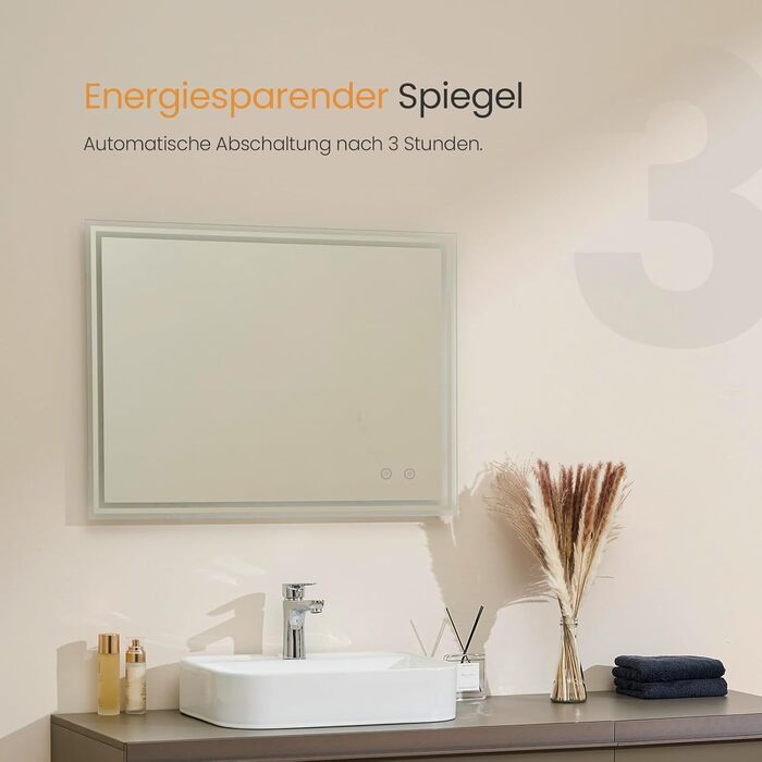 Дзеркало для ванної кімнати EMKE з підсвічуванням 50x60 см, антизапарник, холодний білий, диммер, сенсорне управління, функція пам'яті, автоматичне вимкнення через 3 години, IP44, енергозберігаюче, 60L x 50B см