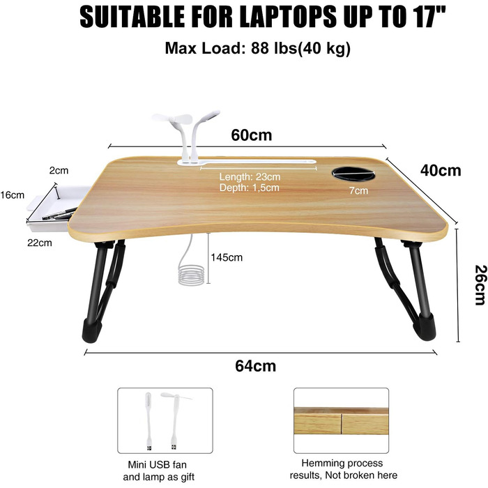 Столик для ноутбука на ліжко, складаний, з USB, ящик, підставка для планшета, тримач для напоїв, 60 x 40 см, колір дерева