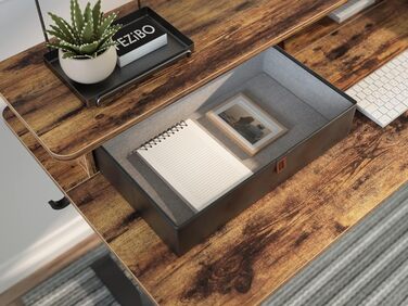 Барний стіл FEZIBO з регульованою висотою та повністю укомплектованою стільницею, 120 x 60 см, стіл для роботи сидячи та стоячи з подвійними шухлядами, чорний каркас/рустикально-коричнева поверхня