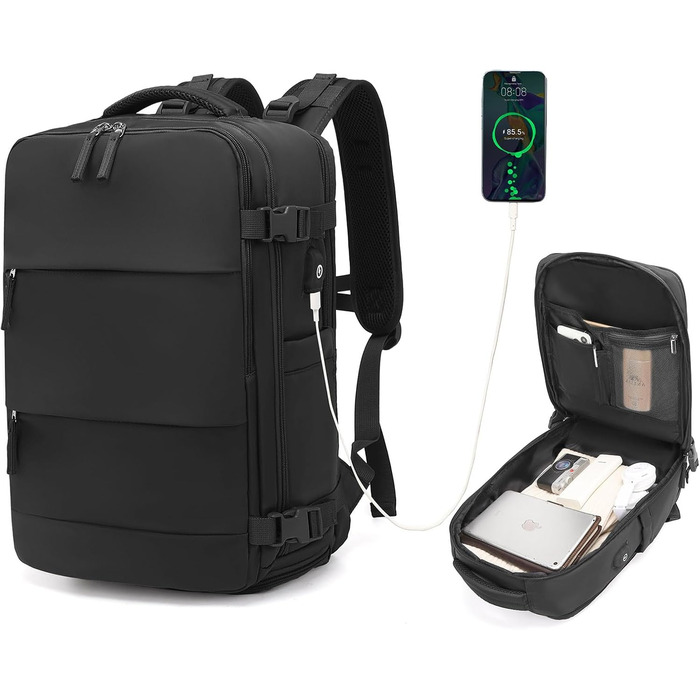 KONO Рюкзак для ручної поклажі 42x30x20, рюкзак для ноутбука 25L, Outdoor, для подорожей, спорту, Weekender з відділенням для взуття, чорний