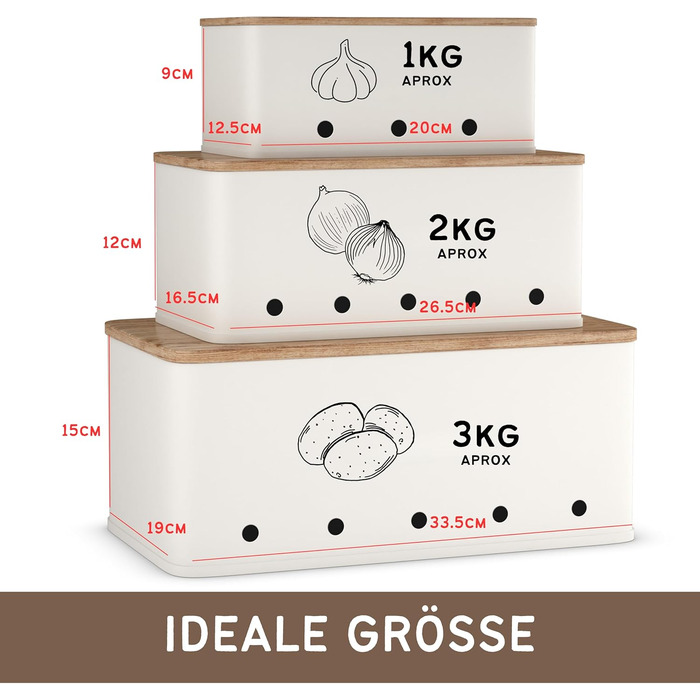 Короб для зберігання картоплі, цибулі та часнику - набір 3 шт. - Короб для овочів з вентиляційними отворами - Матовий чорний (Прямокутний)