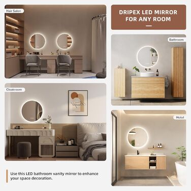 Дзеркало для ванної кімнати Dripex з LED-підсвічуванням, сенсорне керування, регулювання яскравості, 3 кольори світла, антизапар, 80x80 см (кругле, 50x50 см)