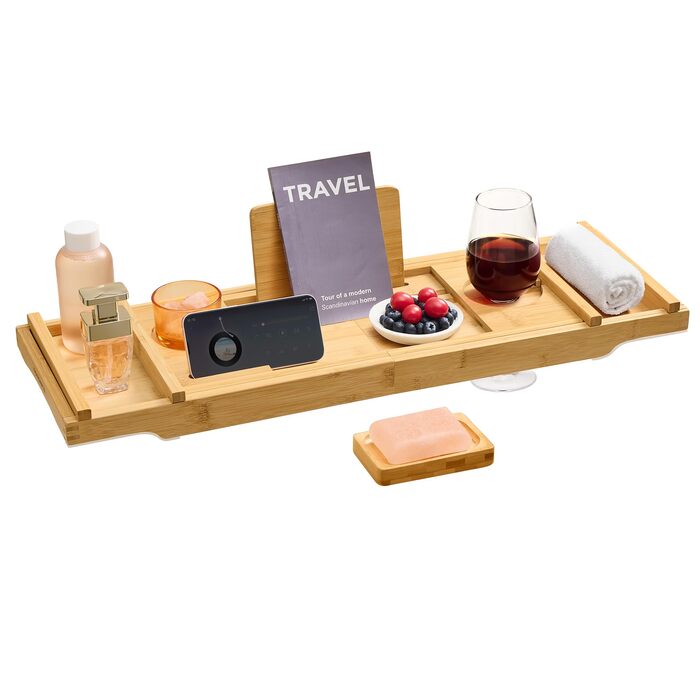 Полиця для ванни розкладна SONGMICS з бамбука 70-95.6 см, бежева - для книг, планшета, келиха, рушників
