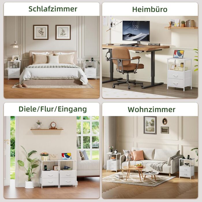 Нічний столик Somdot з LED, USB та Type-C, 2 висувні ящики, штучна шкіра, білий (30x40x60 см)