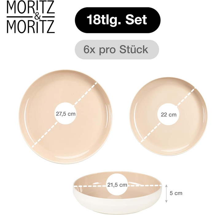 Набір посуду Moritz & Moritz Cavo Steingut на 6 осіб (18 предметів) - Сучасний сервіз з кераміки, мигдалевий колір, комплект тарілок та мисок