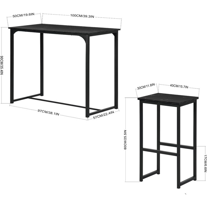 Набір барних столів ZZINOKE Стіл 1005090 см & 4 табуретки 304065 см, Індустріальний стиль, Чорний