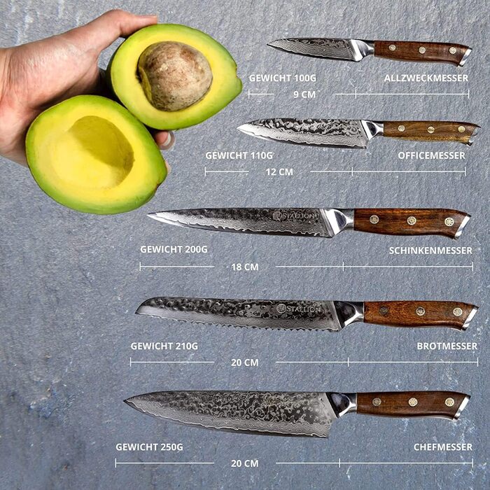 Набір кухонних ножів Stallion Damast з японської сталі VG10 та ручкою з Gidgee (найвища якість, MEISTERSCHLIFF CONVEX)
