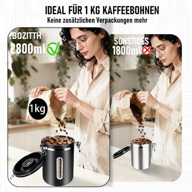 Контейнер для кави 1 кг з нержавіючої сталі з герметичним клапаном, вікном та мірною ложкою