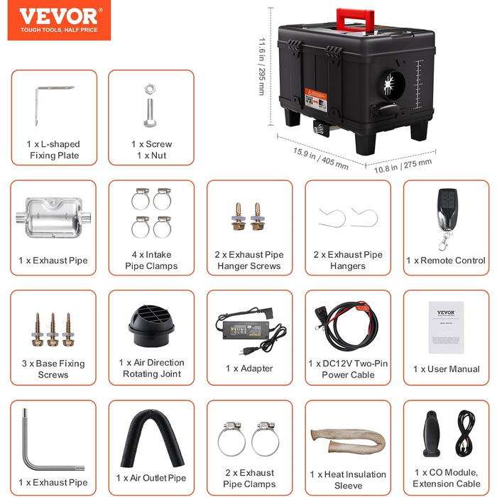 Дизельний обігрівач VEVOR 8 кВт 12/24 В з Bluetooth, пульт, дисплей, CO-датчик, горизонтальний, портативний