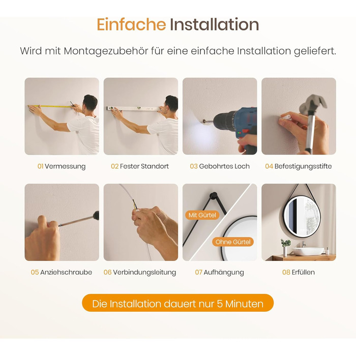 Круглий дзеркало для ванної кімнати EMKE з підсвічуванням 50см, регулювання кольору світла, антизапарник, пам'ять, сенсорне управління, таймер 3 години, енергозберігаючий