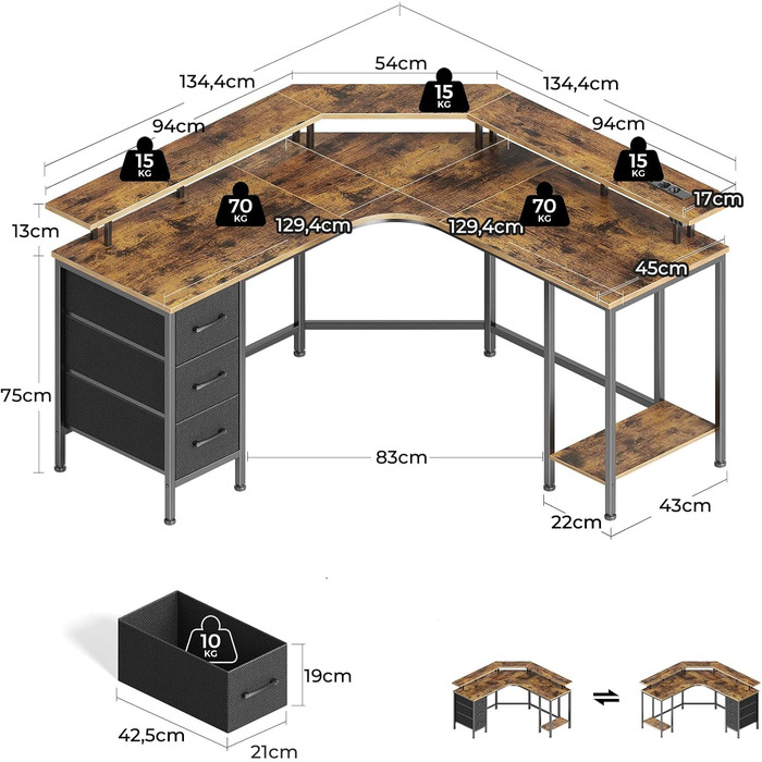Ігровий кутовий стіл Seventable L-подібний з LED підсвіткою, розетками та 3 текстильними шухлядами, 135x135x88 см (Вінтажний коричневий)