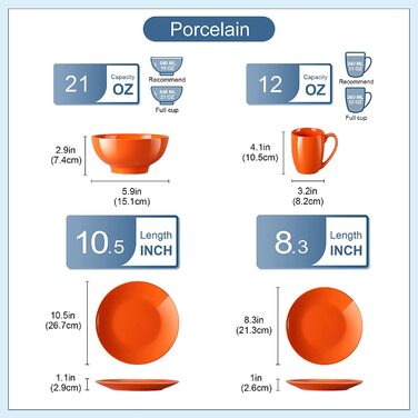 Порцеляновий сервіз з 16 предметів, кольоровий, для 4 осіб Тарілки, чашки, миски (помаранчеві)