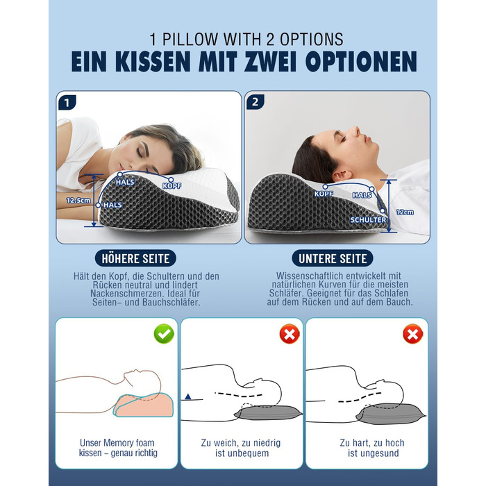 Ортопедична подушка для шиї IDEA з Memory Foam, для сну на боці, спині та животі, ергономічна, 62x34.5x12/8 см