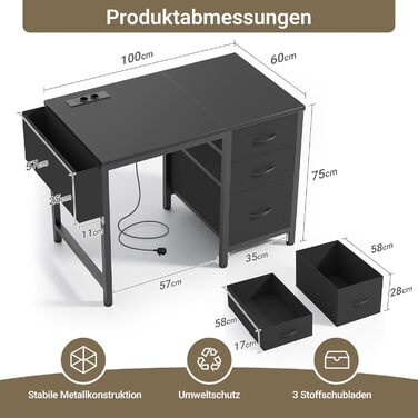 Комп'ютерний стіл Claiks з 3 шухлядами, 100x60 см, з розетками та USB, для дому та офісу, чорний