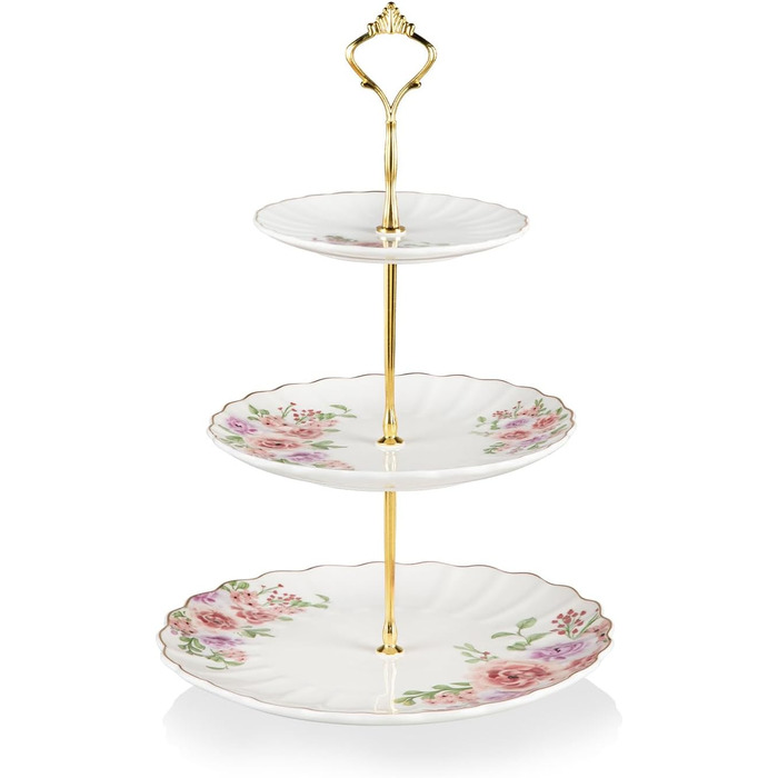 Стійка для тістечок Sweejar Home з кераміки, 3 яруси, для весілля, десертів, капкейків, чаювання, сервірування їжі (Рожева троянда)
