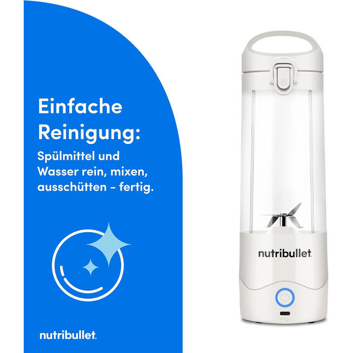 Ручний портативний блендер Nutribullet 475 мл, USB-C, 15 циклів, без бісфенолу А, NBP003PU, білий