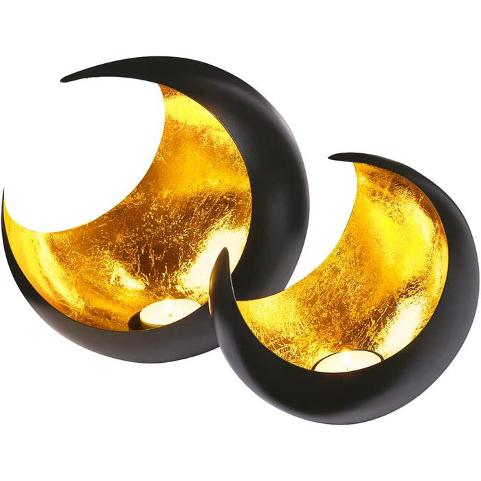 Набір з 2 ліхтарів ліхтарний східний Місяць Великий 20см Золото Східний старовинний тримач Tealight Чорний