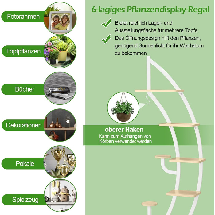 Підставка для рослин COSTWAY Half Moon, 6 ярусів, з полицями та гачками, набір з 2 шт. , місячна біла