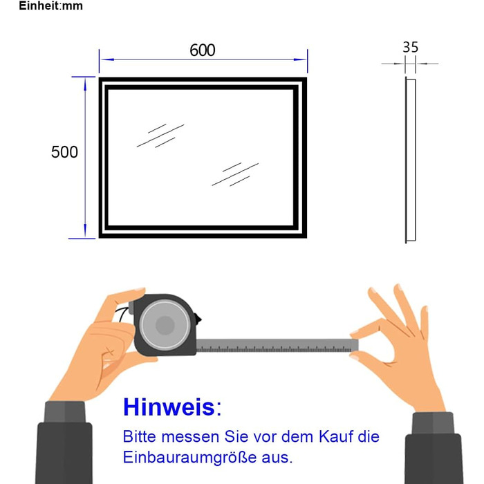 Дзеркало для ванної кімнати EMKE з підсвічуванням 50x60 см, з вимикачем-кришкою, антивміст, 2 кольори світла (тепле/холодне), LED, горизонтальне/вертикальне встановлення