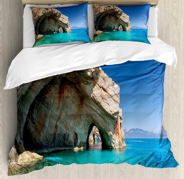 Греція Набір підковдр для односпальних ліжок, Морська печера на Закінфі, Стійкий до кліща Алергіки Підходить з наволочкою, (200 x 200 см - 70 x 50 см, Tan Pale Blue)