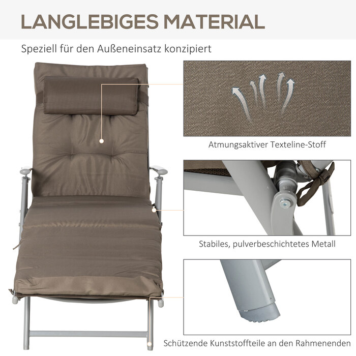 Outsunny Sun Lounger Садовий шезлонг складний регульований з подушкою коричневий сріблястий 137x63.5x100.5см для пляжу та саду