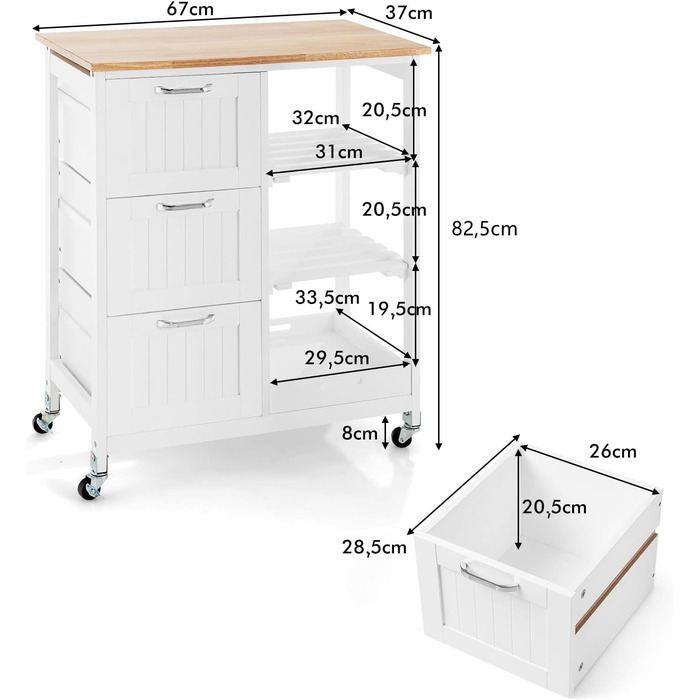 Візок для кухні COSTWAY, 2 яруси, 3 ящики, рулонний, гумовий, 67x37x82.5 см, білий