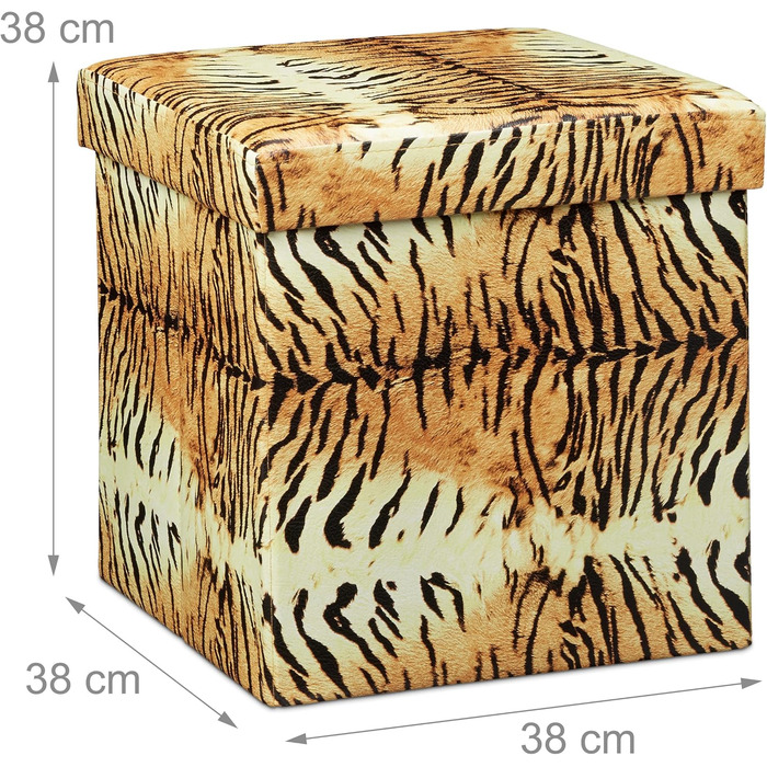 Складаний пуф Relaxdays 38 см, стійкий, модні мотиви, штучна шкіра, місце для зберігання, кришка, тигровий жовтий