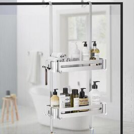 Настінна поличка для душу без свердління, чорна, для скляних душових кабін, регульована висота, 3 гачки для шампуню та гелю для душу