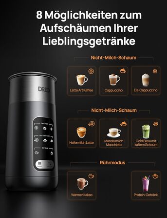 Електричний спінювач молока Dreo 8-в-1 для лате-арту, 270 мл, з підігрівом, LED, чорний