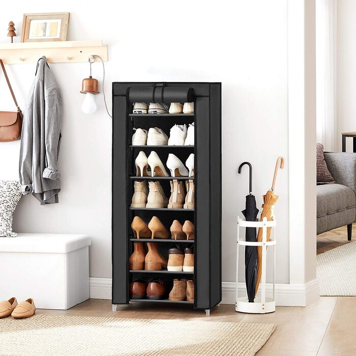 Стійка для взуття SONGMIC, шафа для взуття, 7 рівнів, з тканинним покриттям, містка шафа для зберігання взуття, 46 x 28 x 126 см (Д х Ш х В), RXJ024G02 (чорний)