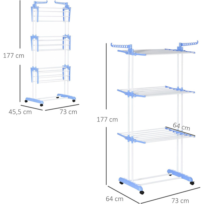 Сушильна стійка HOMCOM Tower з колесами, 4 яруси, висувна, внутрішня/зовнішня, сталева, 73x45.5x177см (синій/білий)