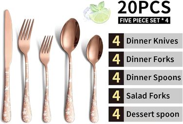 Набір столових приборів на 4 особи, 20 предметів: ножі, виделки, ложки, нержавіюча сталь, рожеве золото, для миття в посудомийній машині