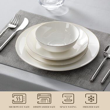 Столовий сервіз MALACASA для 4, Набір посуду з кістяного порцеляни з 16 предметів серії JERA, круглий білий комбінований сервіз із золотою обробкою, з