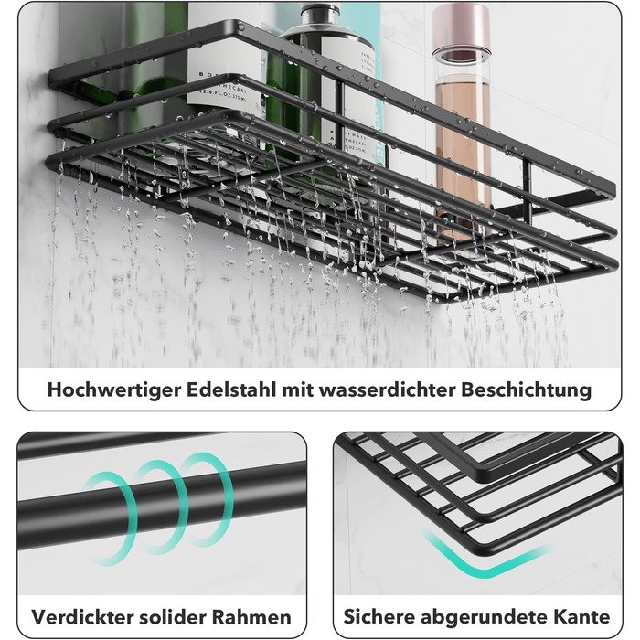 Душова полиця Saffruff без свердління 2 шт. и Душова полиця Полиця для ванної кімнати Кронштейн для шампуню з 2 клейкими поверхнями, чорний