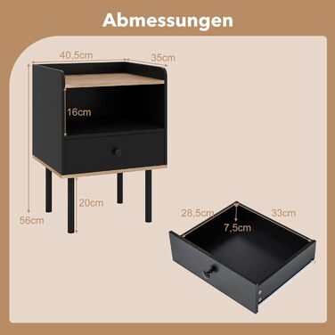 COSTWAY Набір з 2 тумбочок до ліжка, приліжкові столики з шухлядою та відкритою полицею, металеві ніжки, чорний колір, 40,5 x 35 x 56 см