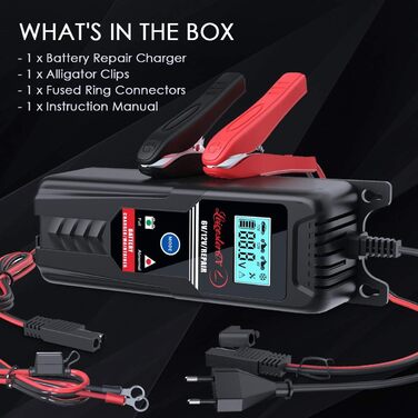 Зарядний пристрій для акумулятора LEICESTERCN 12V/24V - автоматичний, 5/10/25A, LCD, для авто, мото, 6V/12V