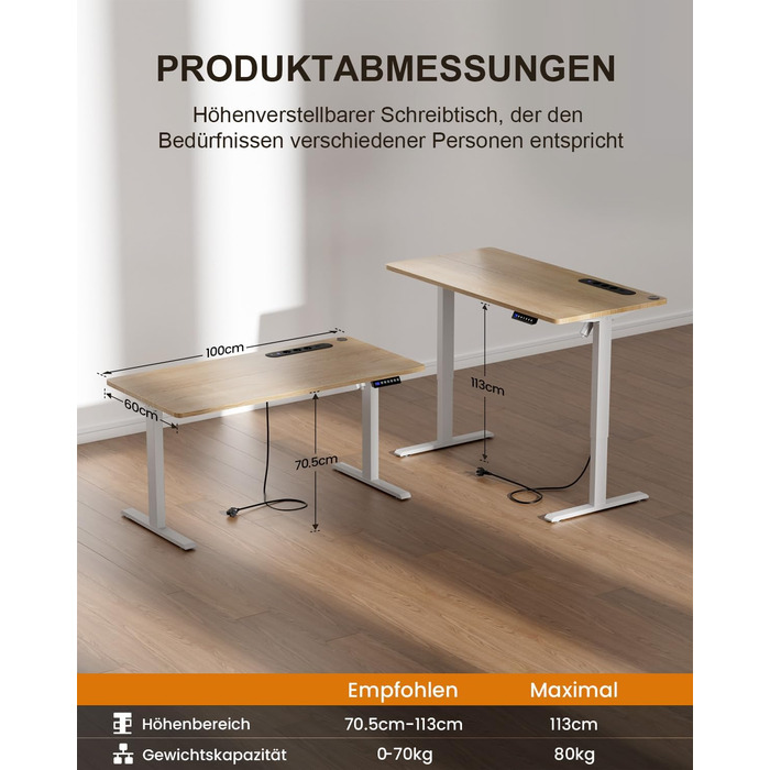 Регульований стіл з підняттям, USB-зарядкою та розеткою, 100 x 60 см. Електричний стіл, регульований комп'ютерний стіл з пам'яттю 3-х функцій, білий (горіх, 100 x 60 см)