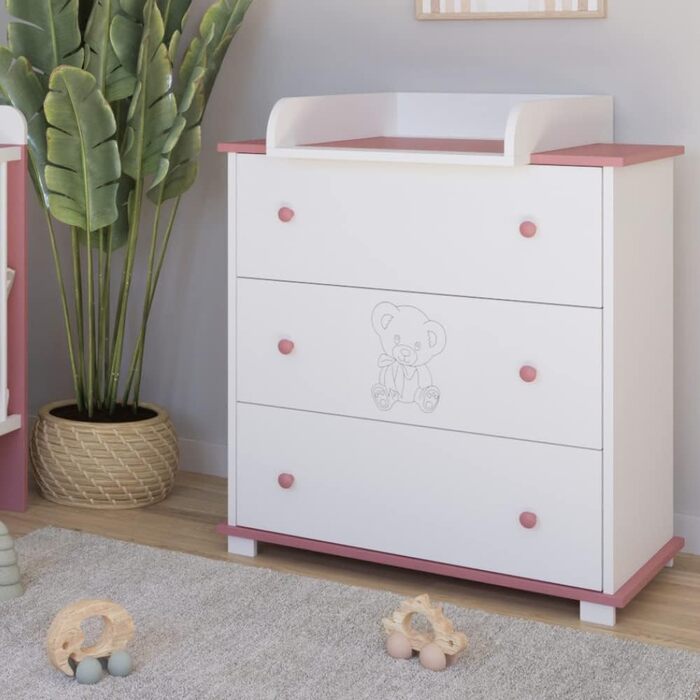 Комод з пеленальним столиком Kiki Design | 80x46 см | 3 висувні ящики | Для дитячої кімнати | Гравірований ведмедик | Рожевий