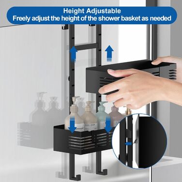 Настінна поличка для душу без свердління, чорна, для скляних душових кабін, регульована висота, 3 гачки для шампуню та гелю для душу