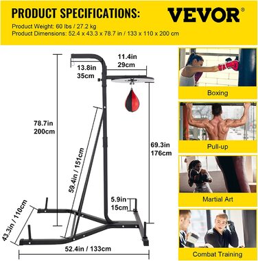 Місткість VEVOR 60 кг, боксерська стійка, висота 200 см, Боксерський набір, боксерська груша, підтримка, міцна складна боксерська груша