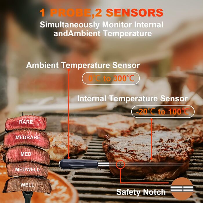 Бездротовий термометр для м'яса, цифровий кухонний термометр з бездротовим зондом, дальність 150 м, термометр для продуктів, сумісний з iOS & Android, попередньо запрограмовані температури для BBQ, духовки