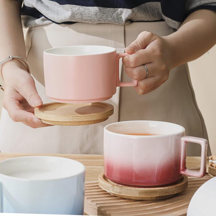 Набір керамічних кавових чашок Henten Home (310 мл) з дерев'яними блюдцями, набір кавових чашок для капучино, лате, еспресо, американо, мокко, чаю (матовий рожевий)